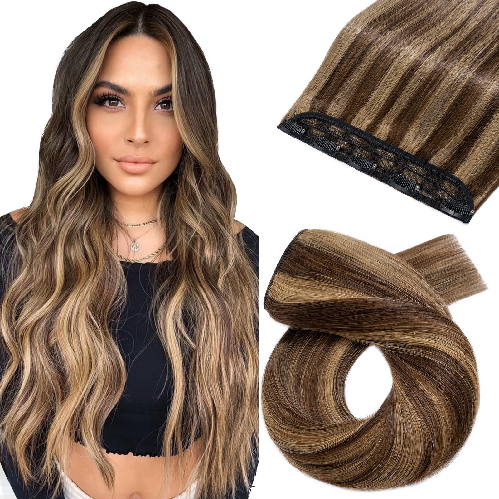 Silk-co Clip in Remy Hair Extensions 12inch 100% Real Human Hair One Piece 3/4 Half Head Natural 100% Remy Silky Soft Straight(12inch-40g, #4P27 Medium Brown&Dark Blonde)