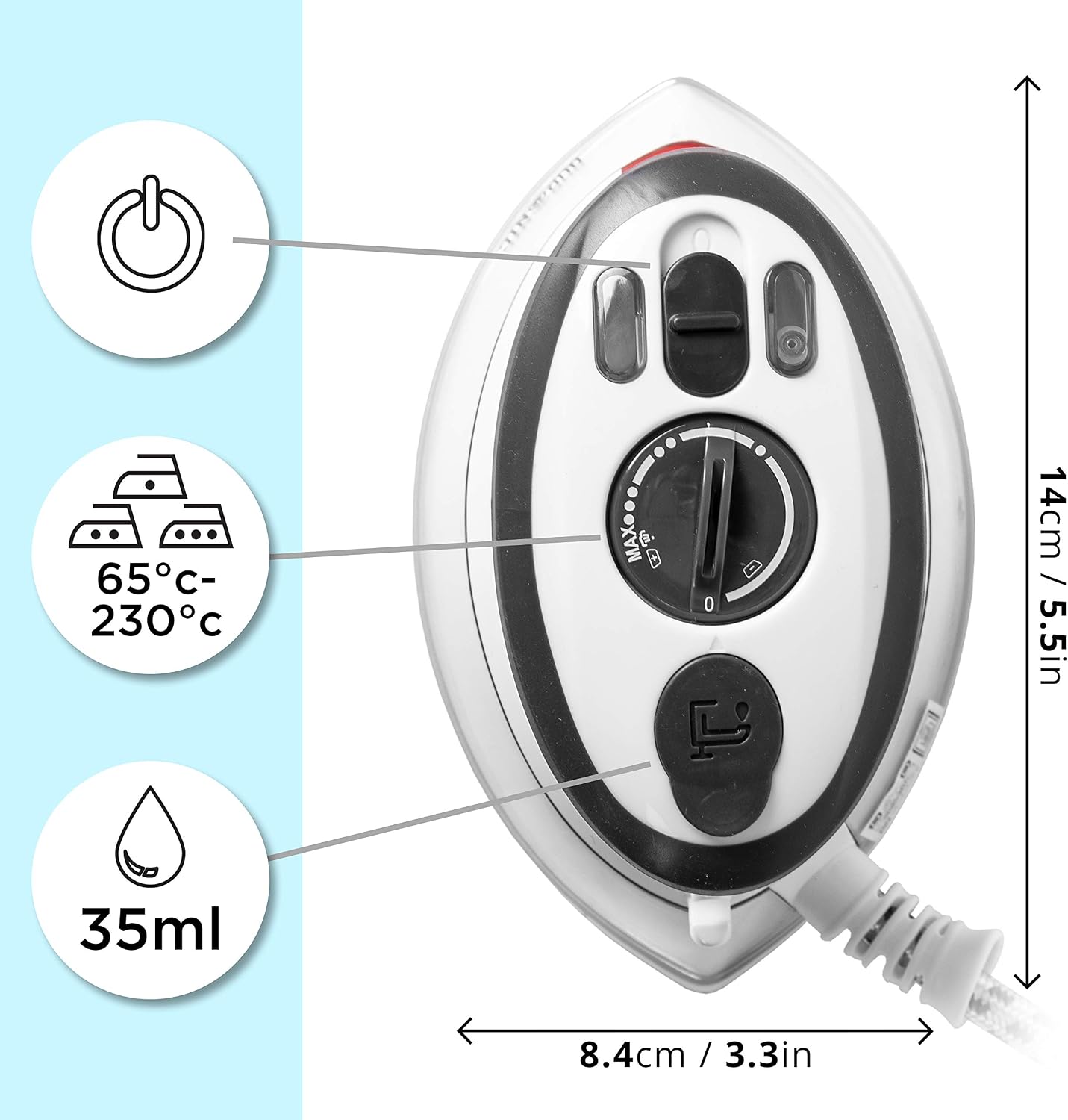 Duronic Travel Iron SI3 WE Mini Irons, 35ml Tank, Steam Iron, 400W Lightweight Portable Ironing, Compact - Image 3