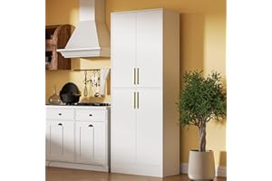Housoul 71" Tall Pantry Cabinet with 4 Doors, Kitchen Pantry Storage Cabinet, Freestanding Larder Cupboard, Kitchen Hutch, Utility Pantry with Gold Handles for Dining Room, Bathroom, White