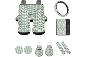 FUIBENG Vintage Groovy Flower Car Seat Covers Set for Women Men,Green 70S 80S Floral Cute Steering Wheel Cover for Cars,Universal Fit Seatbelt Pads Armrest Cushion Keychains