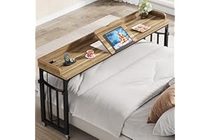 Condemo Overbed Table with Wheels and Height Adjustable, 71 inch Queen Size Bed Table with Adjustable Tilt Board, Mobile Laptop Cart Computer Desk with Outlets & USB Ports, Light Brown
