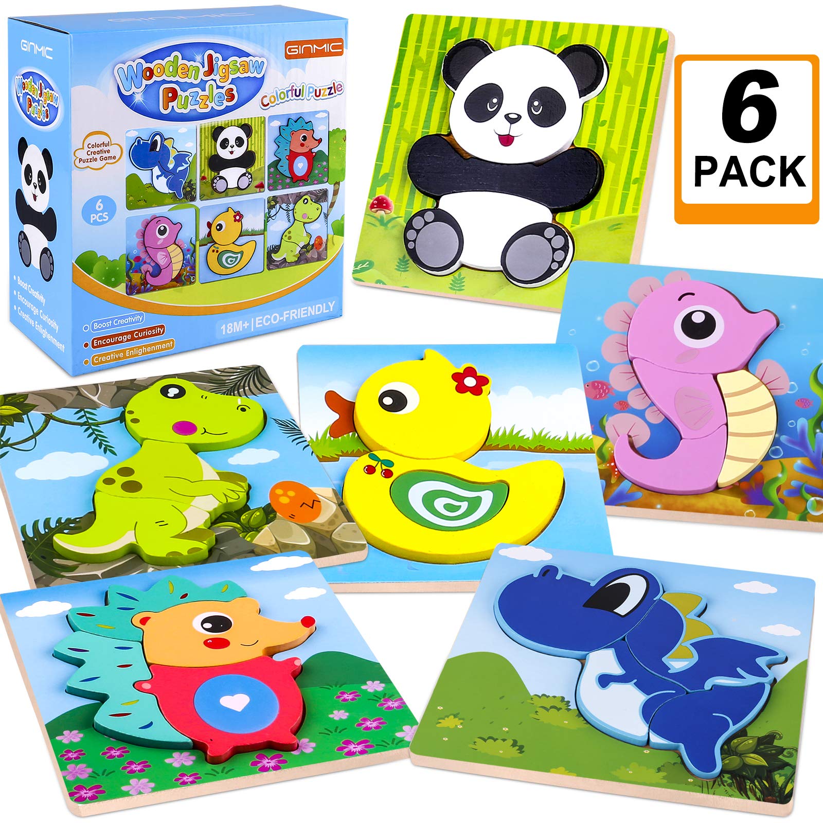 GINMIC Wooden Puzzles for Toddlers, Boys &amp; Girls Educational Preschool Toys Gift with 6 Animals Patterns, Puzzles for 1 Year olds Puzzles for 2 Year olds