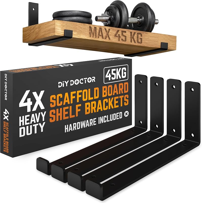DIY Doctor Heavy Duty Scaffold Board Shelf Brackets Set of 4 23.5cm Black