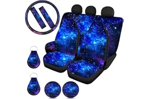 Wanyint Purple Blue Galaxy Sky Print Car Seat Covers for Front Rear Full Set Planet + Auto Steering Wheel Cover + Seat Belt Pads + 2pcs Coasters 2Pcs Keychains Universal fit SUV Truck Vans Sedans