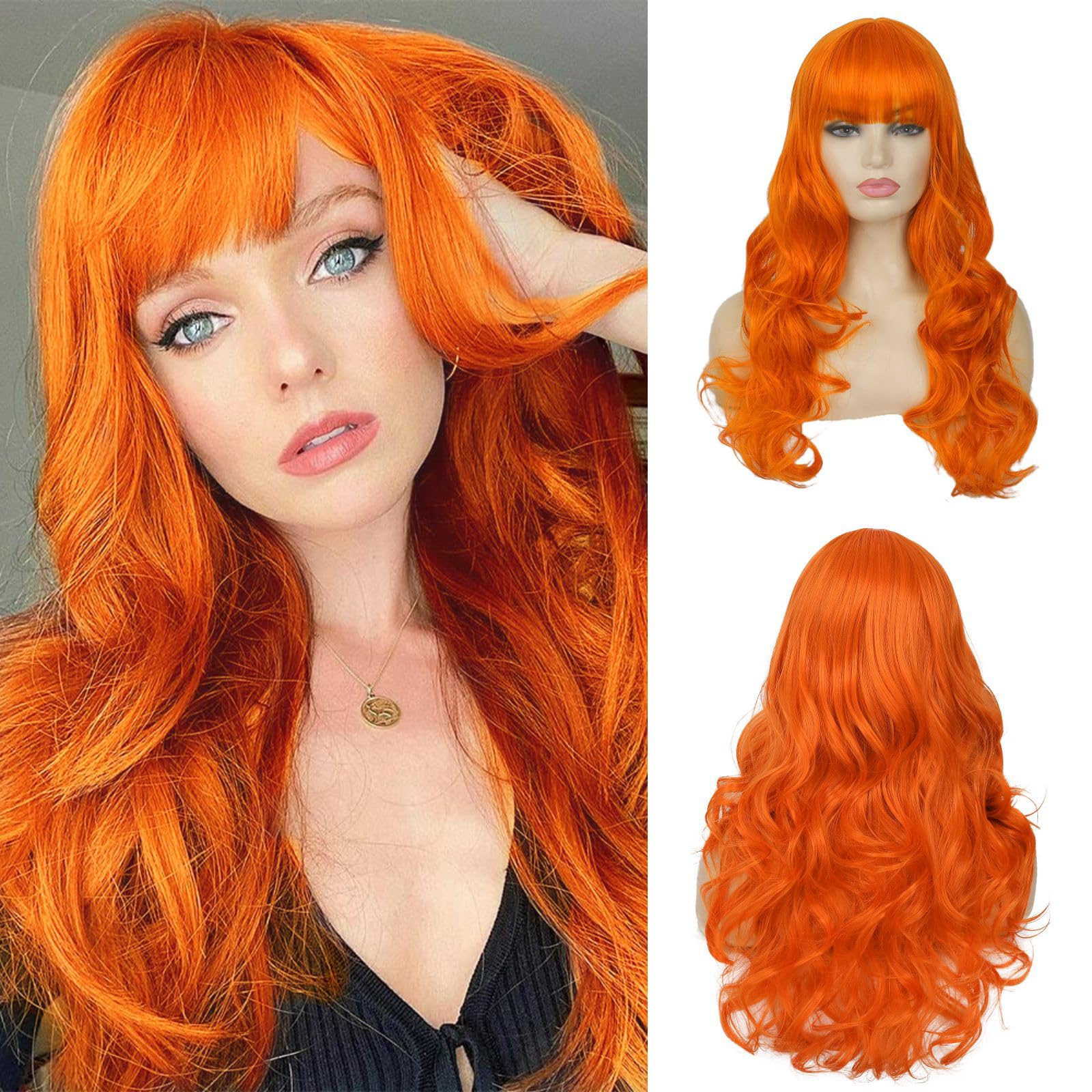 Salaibs Orange Curly Long Wigs for Women with Bangs Wavy Cosplay Synthetic Heat Resistant Fiber Hair Wig Halloween Costume Party Wig — image 1
