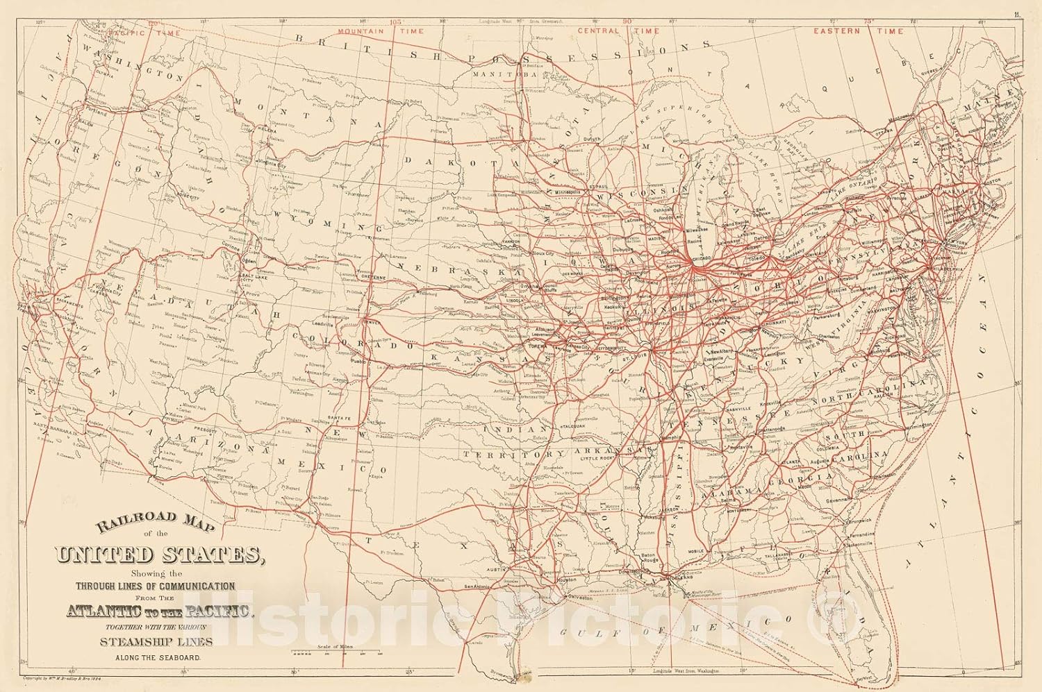 Historic Map 1884 Railroad map U.S. Vintage Wall Art