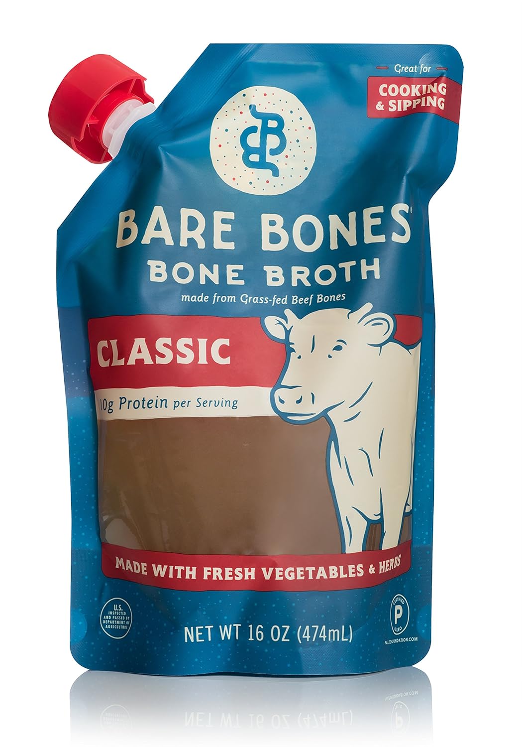 Bare Bones Beef Bone Broth for Cooking and Sipping, 100% Grass-Fed, Organic, Protein and Collagen Rich, Keto Friendly, 16 oz Pouch