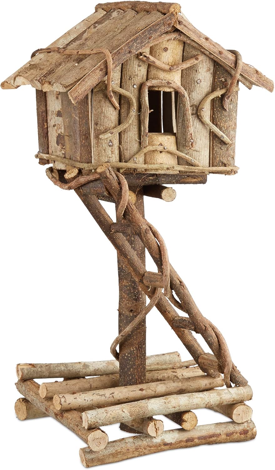 Relaxdays Freestanding Bird House, Untreated Decorative Bird Hotel on Stand, Handmade Nesting Box with Ladder, Natural