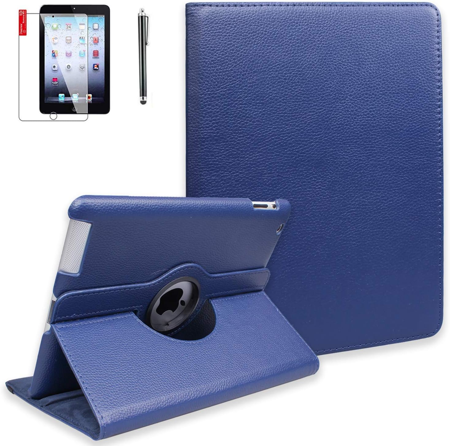 iPad Case Cover Rotating Stand with Screen Protector and Stylus for iPad 2/3 / 4 Generation - 360 Degree Rotating Stand, Auto Sleep Wake, Shockproof - Model A1395 A1416 A1458 (Blue)