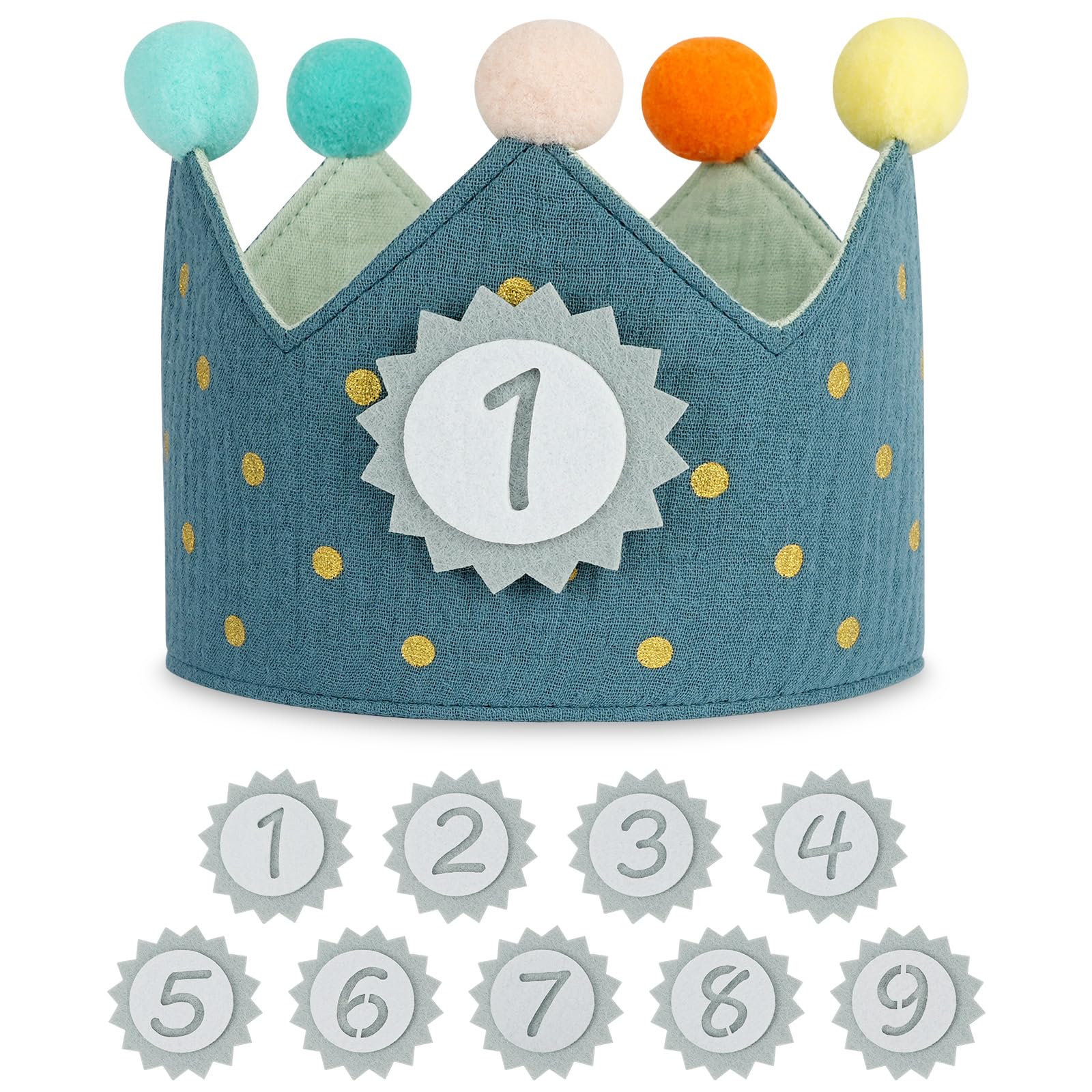 URAQT Birthday Crown for Kids, Reusable Dot Birthday Party Hat Crown with Interchangeable Number from 1 to 9, Baby Photo Props, Birthday Party Tiara Headbands Gifts for Boys Girls, Blue
