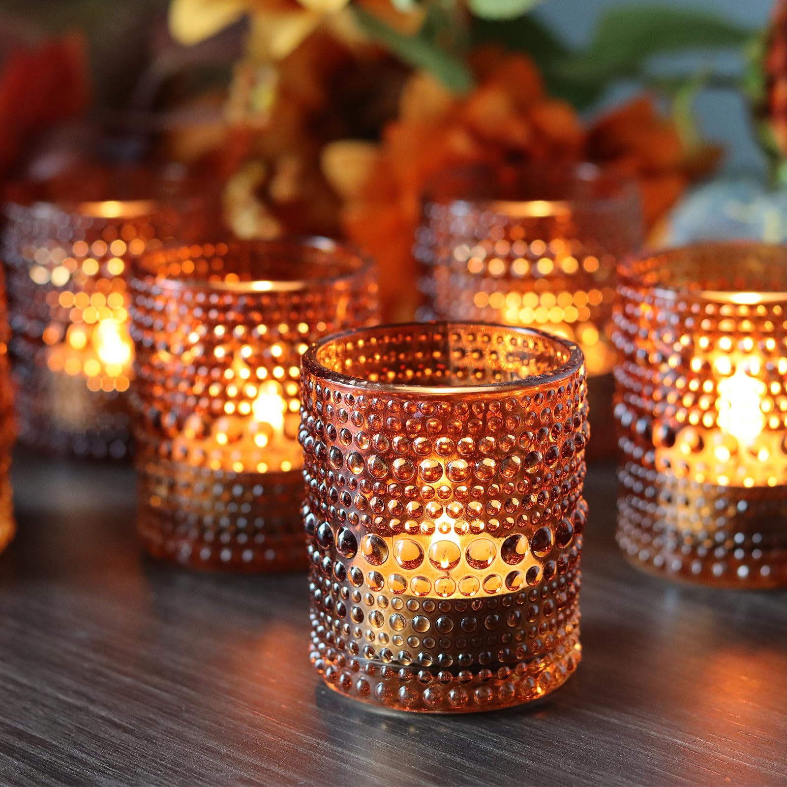 Photo 1 of 36 PCS Votive Candle Holders Amber Glass Hobnail Tealight Candle Holders for Fall Decor, Halloween, Weddings, Birthday Table Centerpiece Decorations