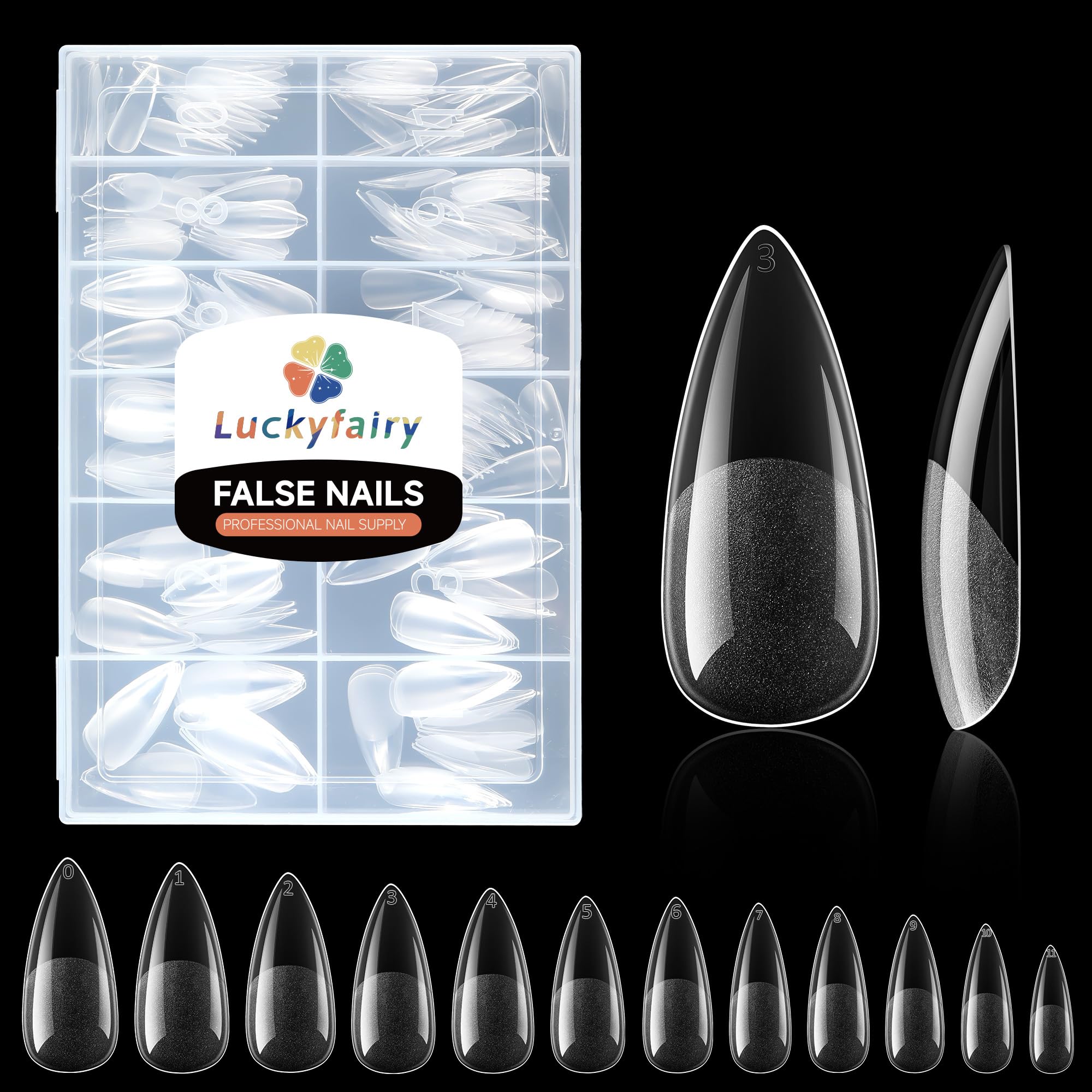 Luckyfairy Stiletto Nail Tips, 240 Pcs Pre-shaped Full Cover False Nails Acrylic Gel Nail Tips Clear Press on Tips Pre-buffed Stiletto Nails, for Nail Art Extension Salon Home DIY 12 Sizes