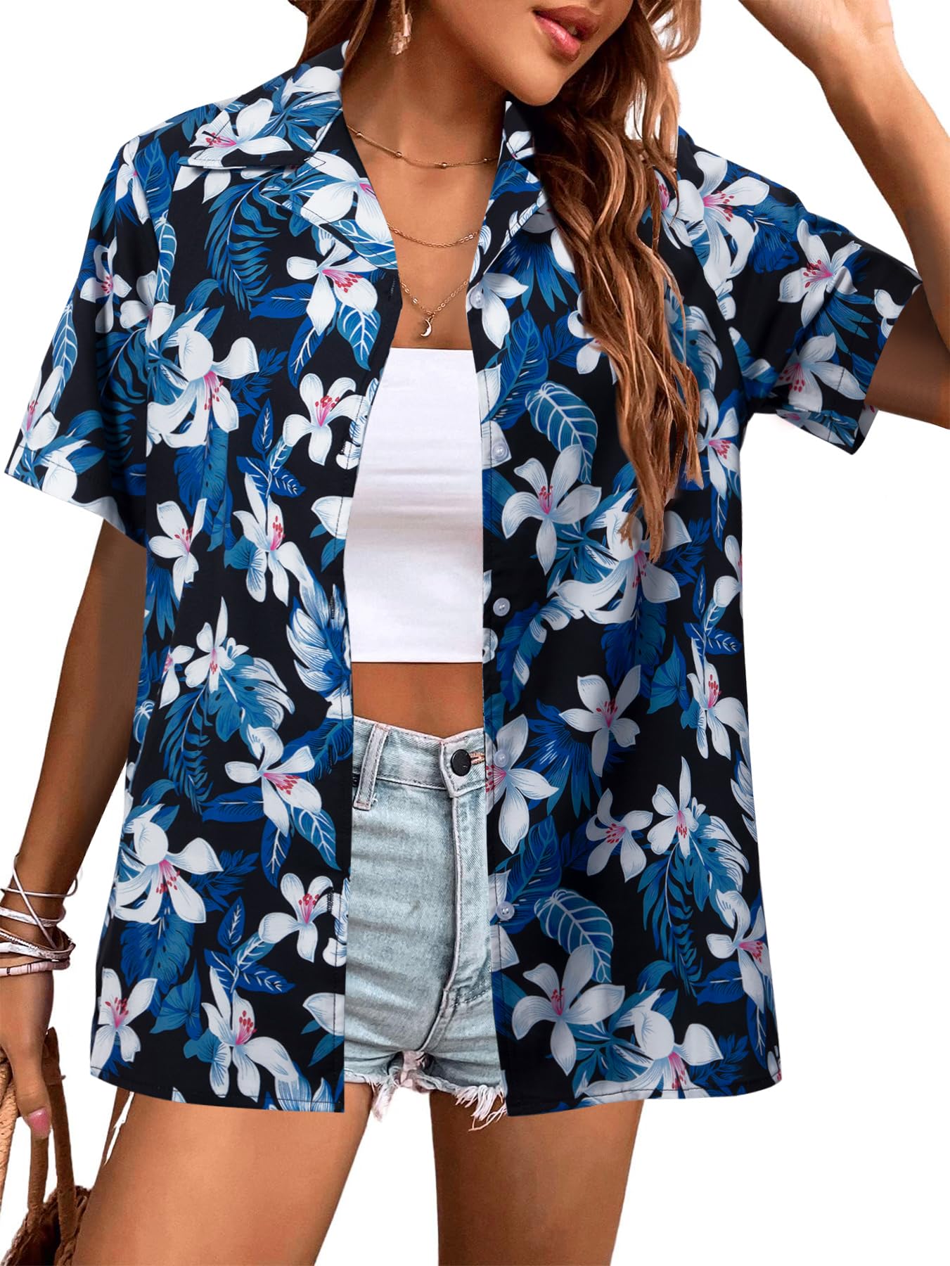 Photo 1 of Women Hawaii Shirts: Soft Cool Floral Tropic Print V Neck Summer Tops Short Sleeve Button Up Tops T-Shirt Dark Blue large