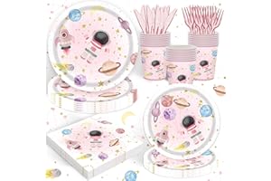 REJOICE BUNNY 120PCS Space Party Supplies for Girls Baby Shower 1st 2nd Birthday Party Decorations Pink Moon Star Outer Space Planet Theme Plates Napkin Cups Forks Knives Tableware Set for 20 Guests