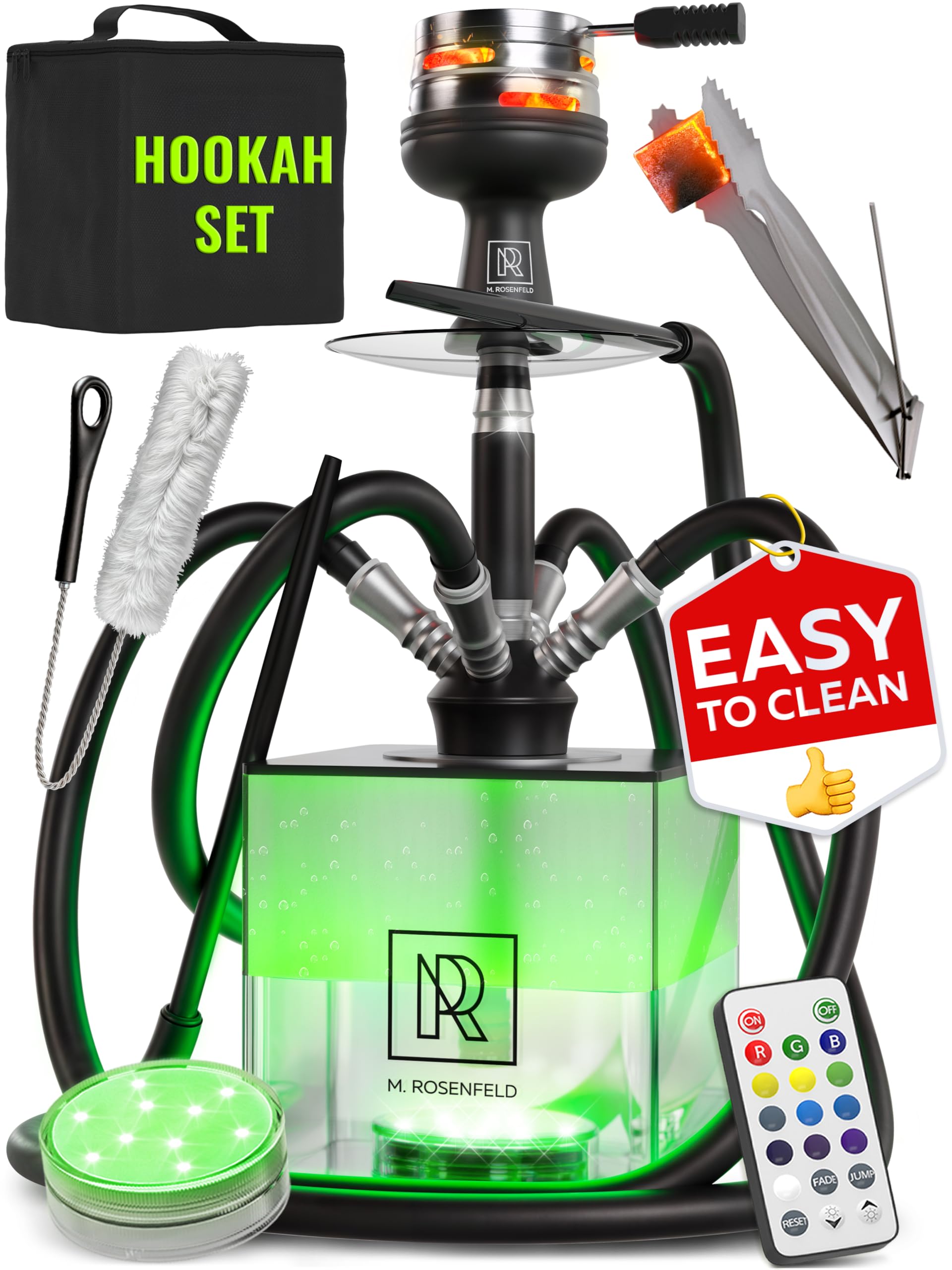 Photo 1 of 4 Hose Hookah Set with Everything – Black Hookah 4 Hose Complete Kit with LED Light, Remote, Silicone Hoses, Acrylic Base, and Tongs – Big Hookah Set with Accessories – Premium Sisha Hooka