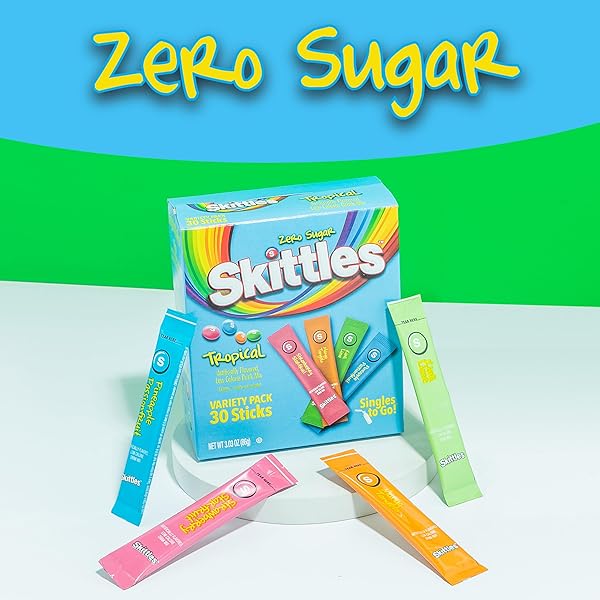 SKITTLES SINGLES TO GO TROPICAL VARIETY PACK, WATERTOK POWDERED DRINK MIX, INCLUDES 4 FLAVORS, STRAWBERRY STARFRUIT, MANGO TANGELO, KIWI LIME, PINEAPPLE PASSIONFRUIT, 1 BOX (30 SERVINGS)