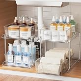 Fabspace Bathroom Under Sink Organizers and Storage, 2 Tier, 2 Packs | Clear Vanity Countertop Pull-out Cabinet Organizer, Stackable Multi-Purpose Kitchen Pantry Organization with Dividers