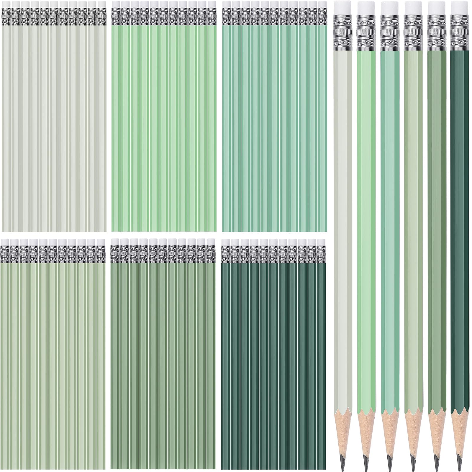 Photo 1 of TecUnite 60 Pcs HB Pencils #2 Unsharpened Wood Cased Pencils with Eraser Hexagonal Pencil Cute Graphite No 2 Pen for Adults Gifts Exam School Office Sketching Learning(Green Series, White)