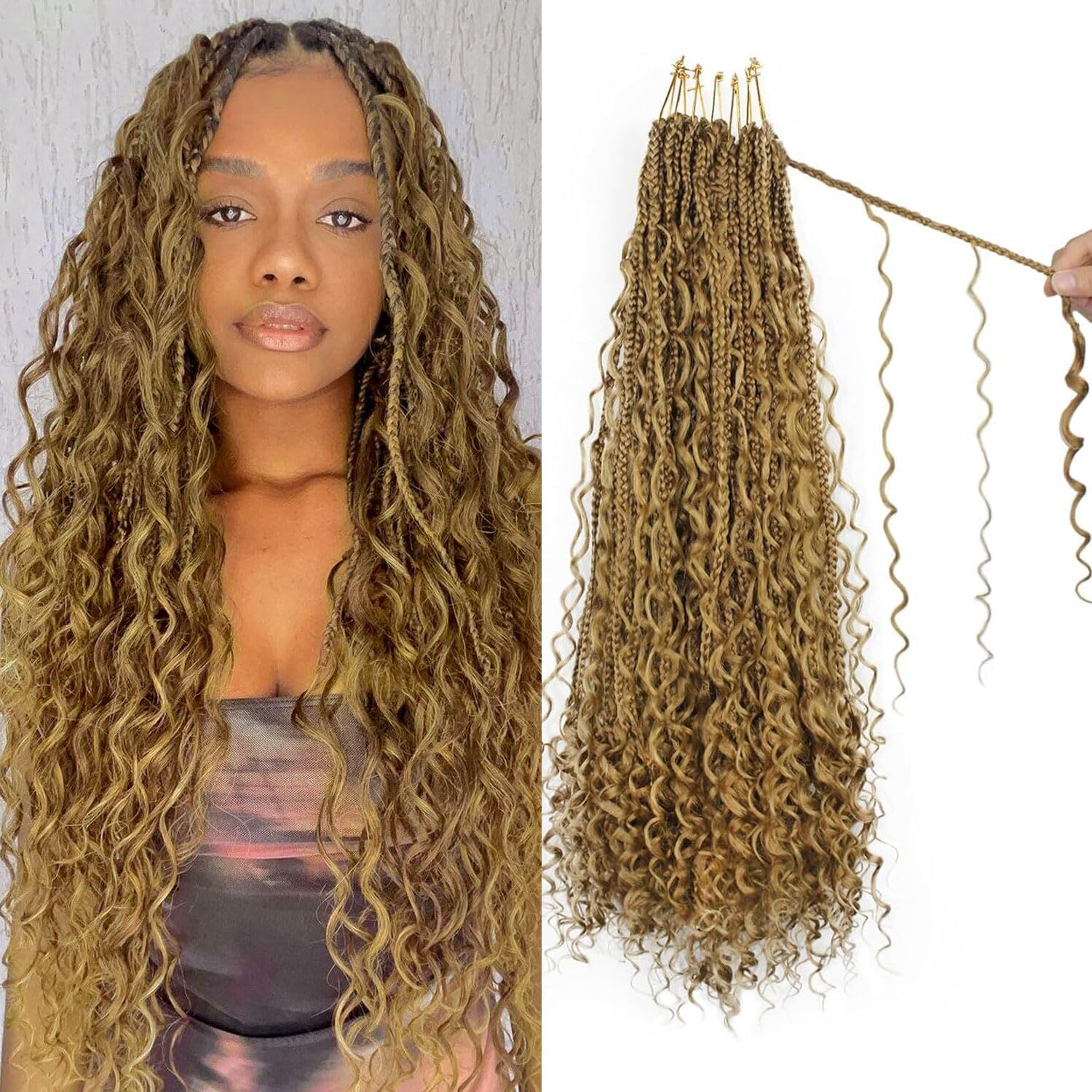 Photo 1 of Boho Crochet Braids Pure Protein Fiber Close to Human Hair 24 Inch Goddess Box Braids with Soft Curls Bohemian Braids Crochet Hair for Black Women (24Inch #27)