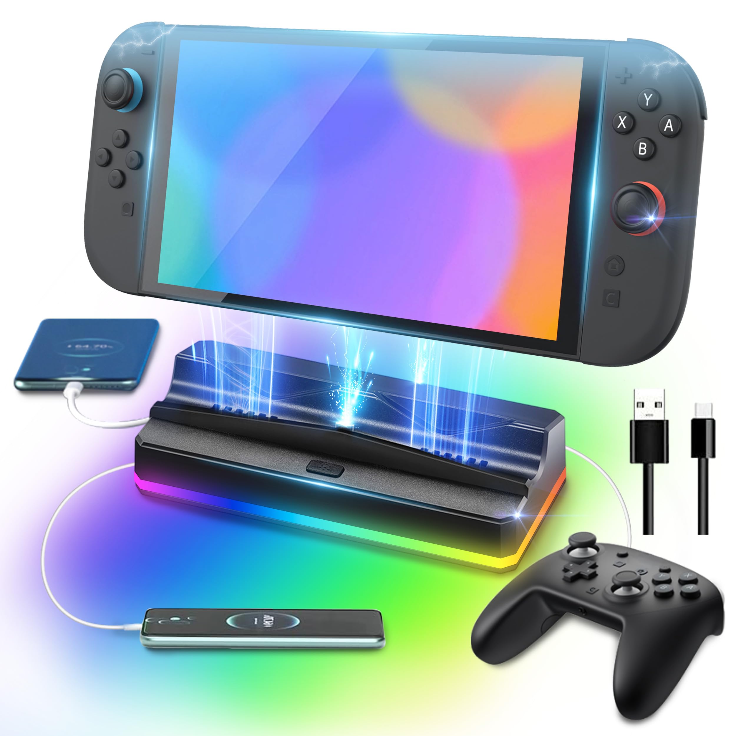 JDGPOKOO Portable Charging Dock Stand with Cooling Fan Compatible with Nintendo Switch 2, RGB Charger Docking Station with 3 USB Ports, USB Cable, Easy Console and Switch 2 Pro Charging (NO HDMI Port)