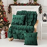 Tegeme Christmas Blanket & Throw Pillow Cover Set, Reindeer Christmas Tree Throw Dutch Velvet Faux Rabbit Fur (50x60) & 2 Fur Plush Pillow Covers (18x18) for Winter Holiday Couch Sofa Bed (Green)
