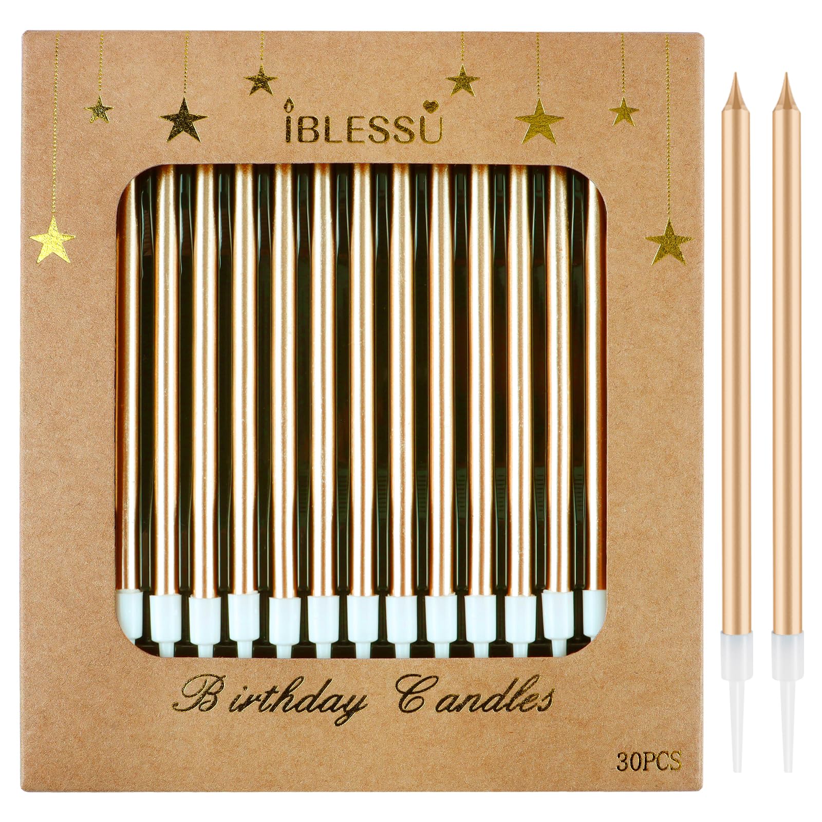 Photo 1 of 30 PCS Champagne Gold Long Birthday Candles, Thin Metallic Cake Candles, Tall Glitter Cuppcake Candles in Holders for Birthday Wedding Party Decorations