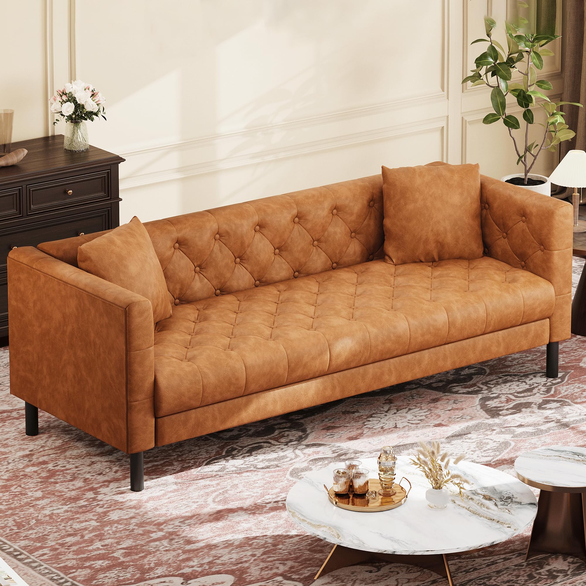 Photo 1 of e***TESTED FOR POWER ONLY******UNABLE TO TEST******TRUCK/TRAILER PICKUP ONLY***GarveeHome 81" Leather Couch for Living Room, Chesterfield Sofa with Deep Seat, Handmade Button Tufted 3 Seater Sofa, Modern Leather Sofa for Small Apartment, Office, Cognac Ta