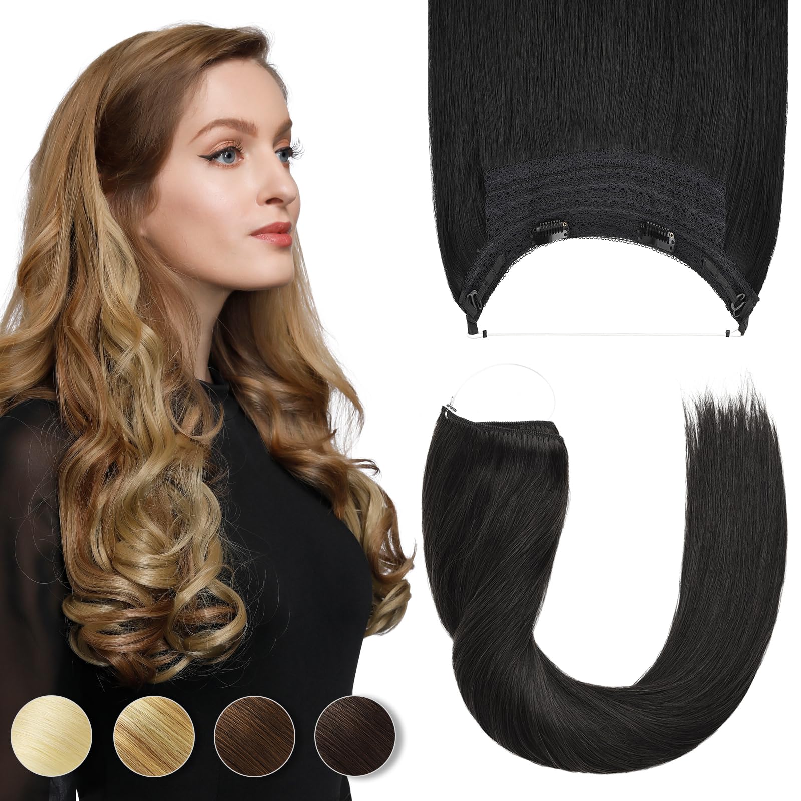 Yamel Invisible Wire Hair Extension Human Hair with Clips Jet Black 12 Inch Fish Line 1 Piece Real Human Hair Secret Extensions