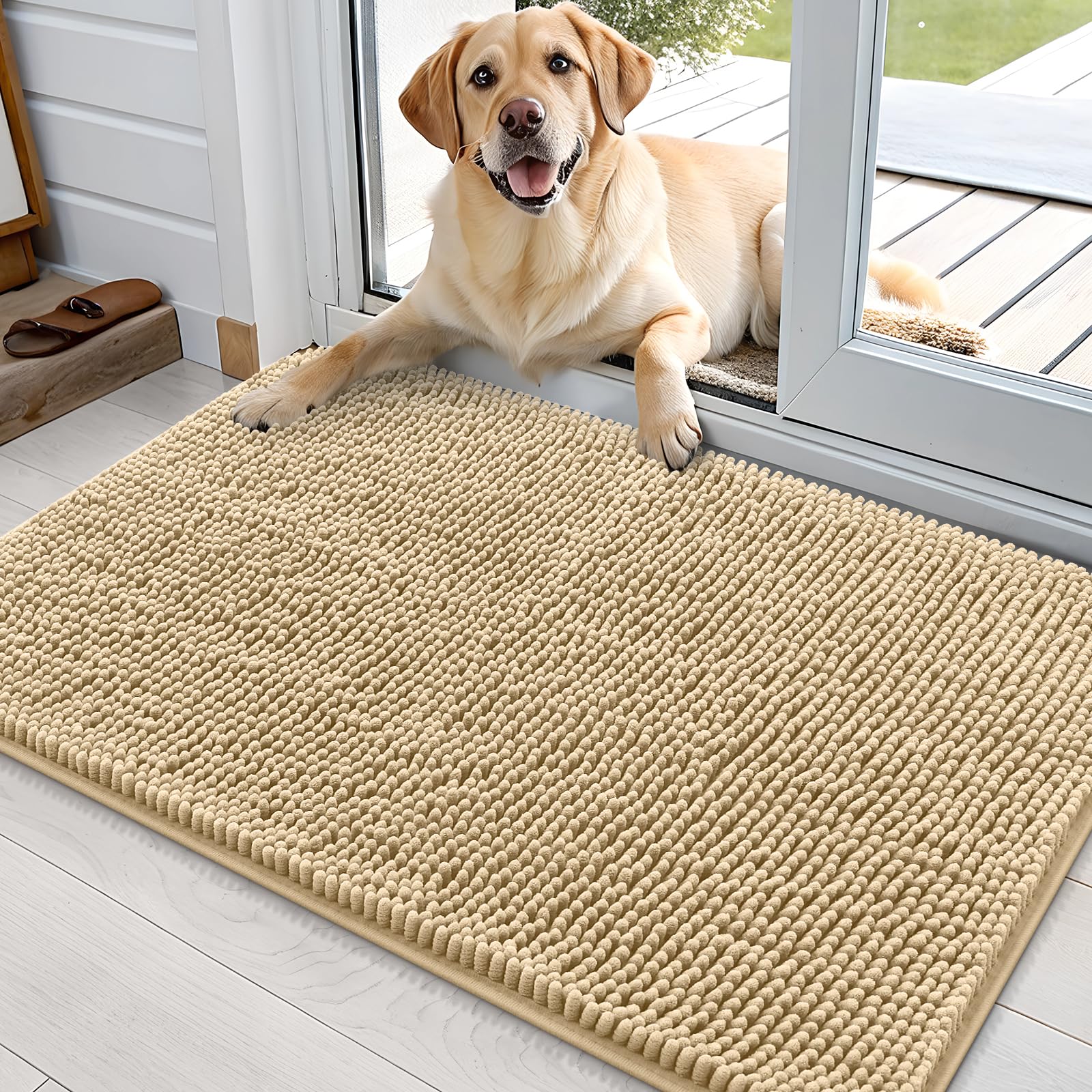 Photo 1 of OLANLY Dog Door Mat for Muddy Paws 36x24, Absorbs Moisture and Dirt, Absorbent Non-Slip Washable Doormat, Quick Dry Chenille Mud Mat for Dogs, Entry Indoor Entryway Carpet for Inside Floor, Beige