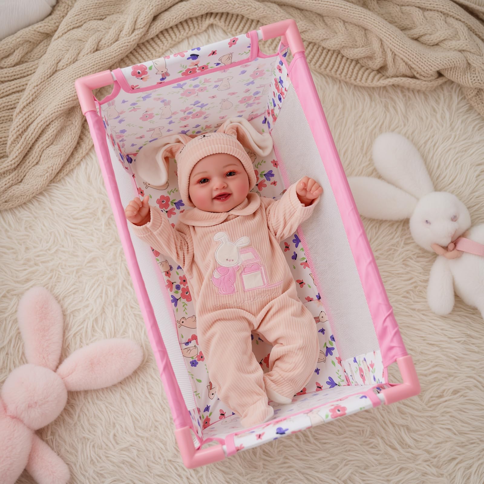 Reborn Baby Dolls Crib, Babys Doll Bed for 18 Inch Baby Dolls, Removable Babys Doll Playpen Toy Crib, Reborn Baby Doll Accessories with Storage Bag, Pack n Play Toy Gift for Kids