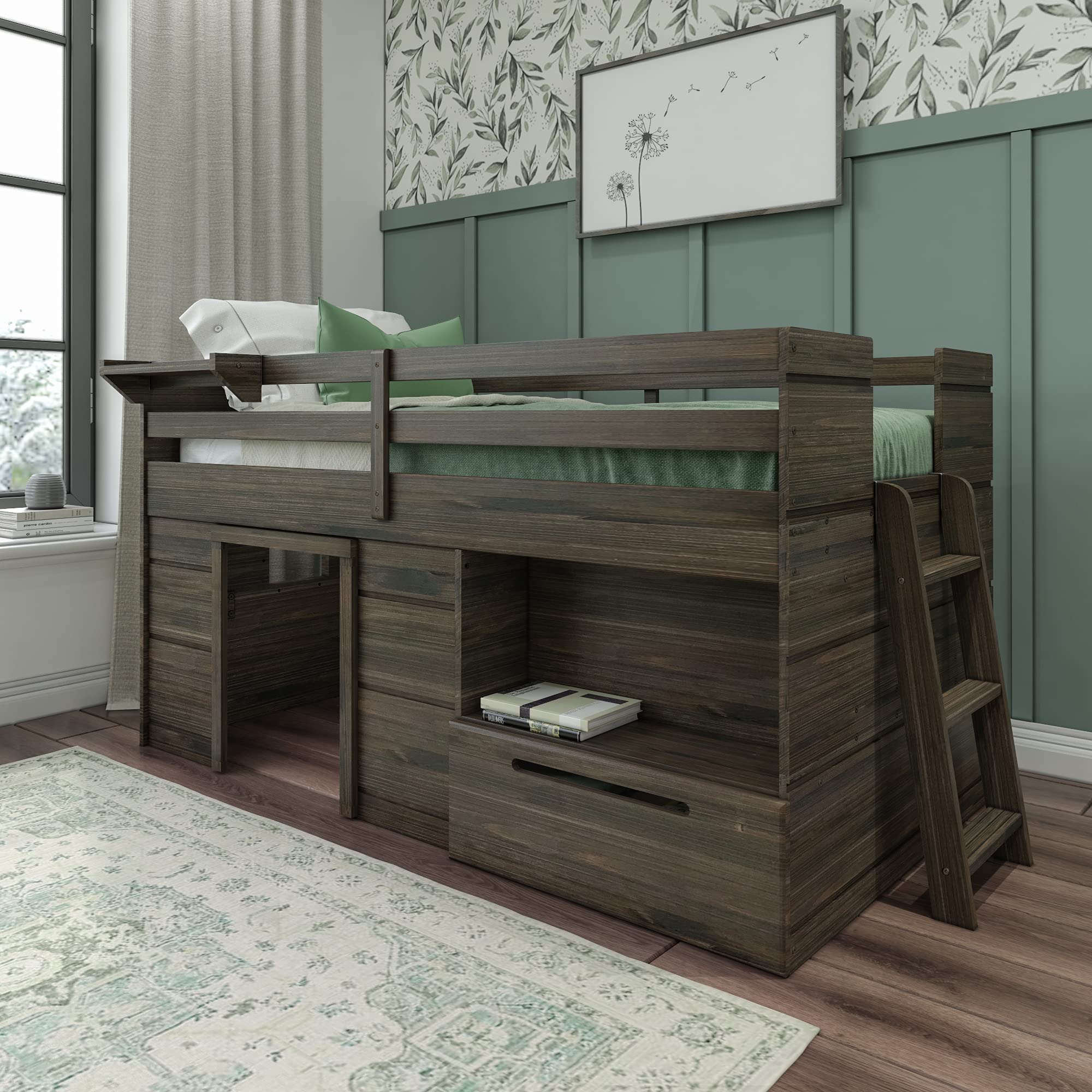 Photo 1 of Max & Lily Loft Bed Twin Size, Solid Wood Low Loft Bed with Storage Drawer and Ladder, Modern Farmhouse Loft Bed for Kids, Barnwood Brown