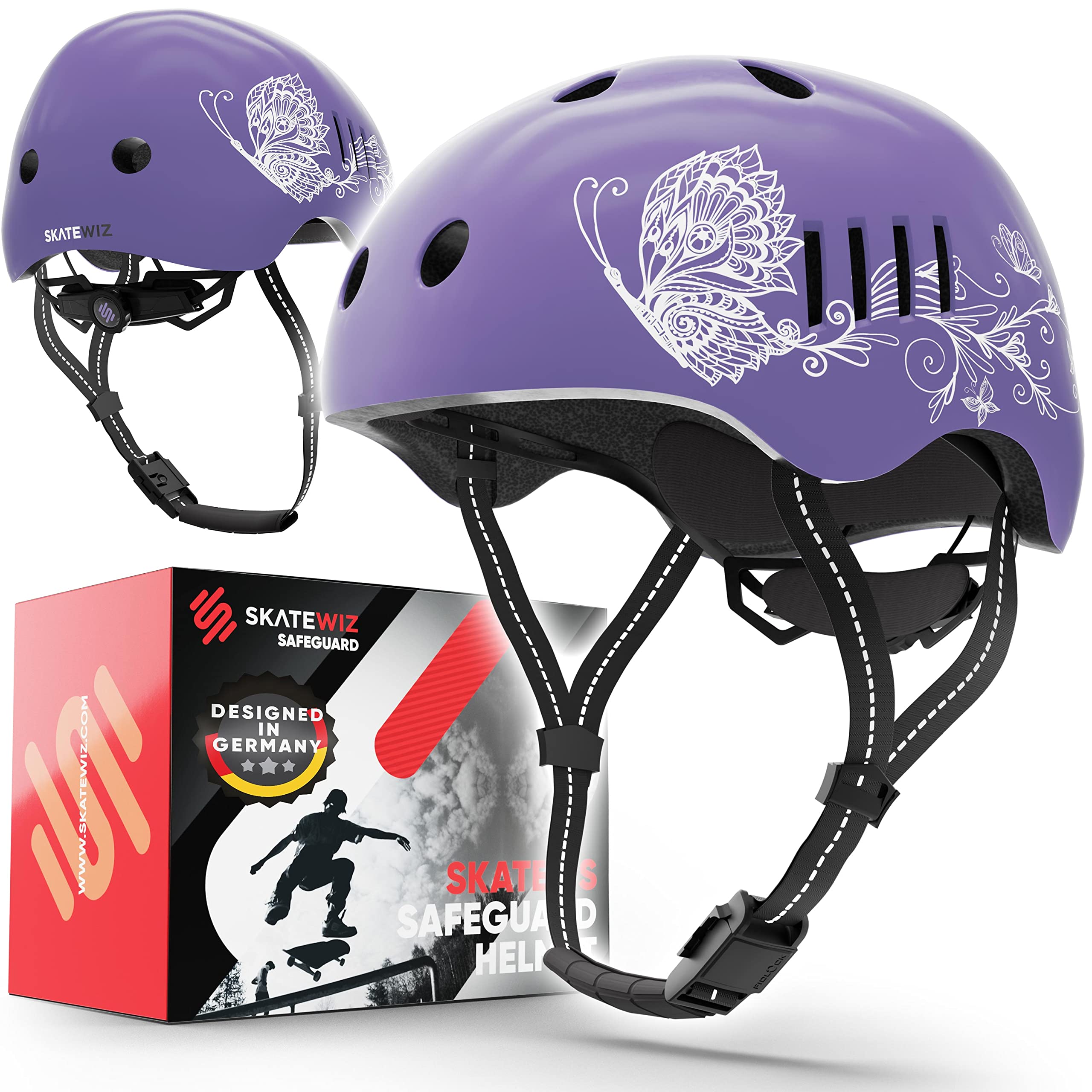 SKATEWIZ Kids Helmet - Bmx Scooter Skateboard Helmet - Purple S - Ages 8-12