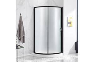 OVE Decors Breeze 32 in. x 76 in. Rounded Frosted Glass Sliding Corner Shower Kit | Includes Glass Panel, Glass Door and Acrylic Shower Base, in Black Finish