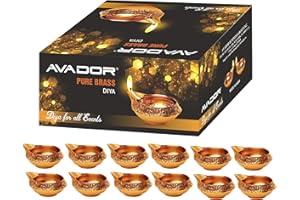 AVADOR Handmade Brass Indian Puja Oil Lamp, Golden Diya Lamp Engraved Design Diya for Diwali Pooja 2.5 Inch (12)