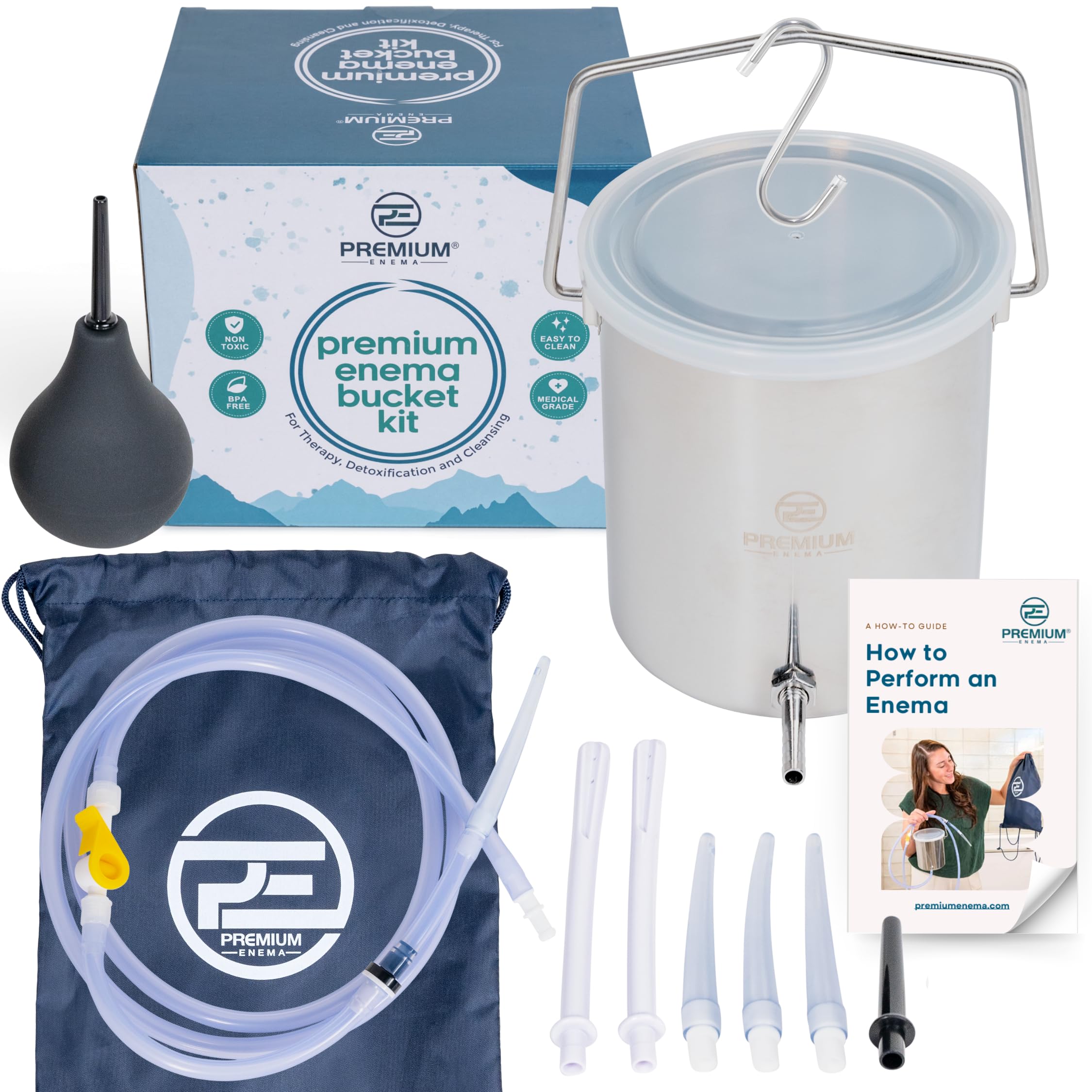 PE Premium Enema Stainless Steel Enema Bucket Kit 2 Quart Plus Douche PE Premium Enema Stainless Steel Enema Bucket Kit 2 Quart Plus Douche
