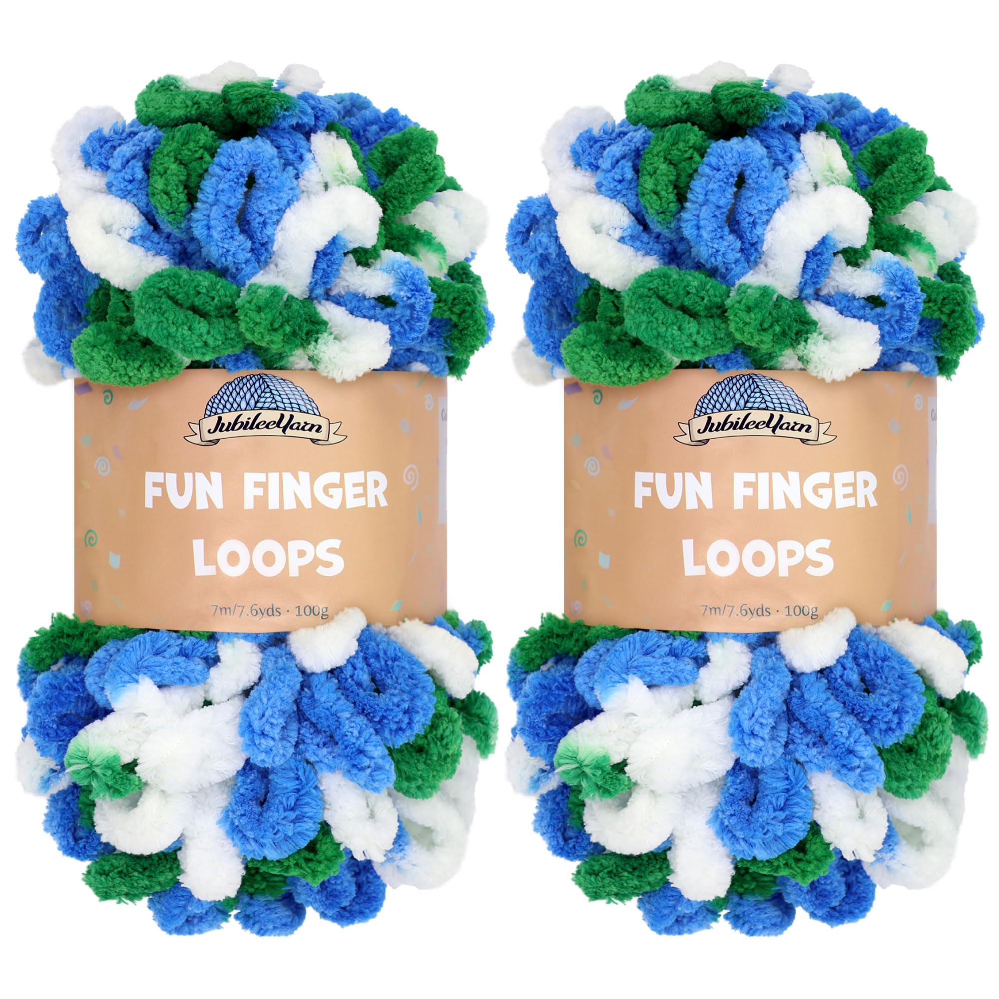 JubileeYarn Fun Finger Loops Yarn - Polyester Jumbo Weight Loop Yarn - 100g/Skein - Blue Green White - 2 Skeins