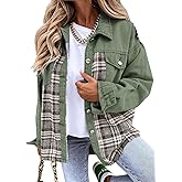 SHEWIN Womens Oversized Denim Jacket Casual Long Sleeve Button Down Plaid Shacket Boyfriend Jean Jacket With Pockets