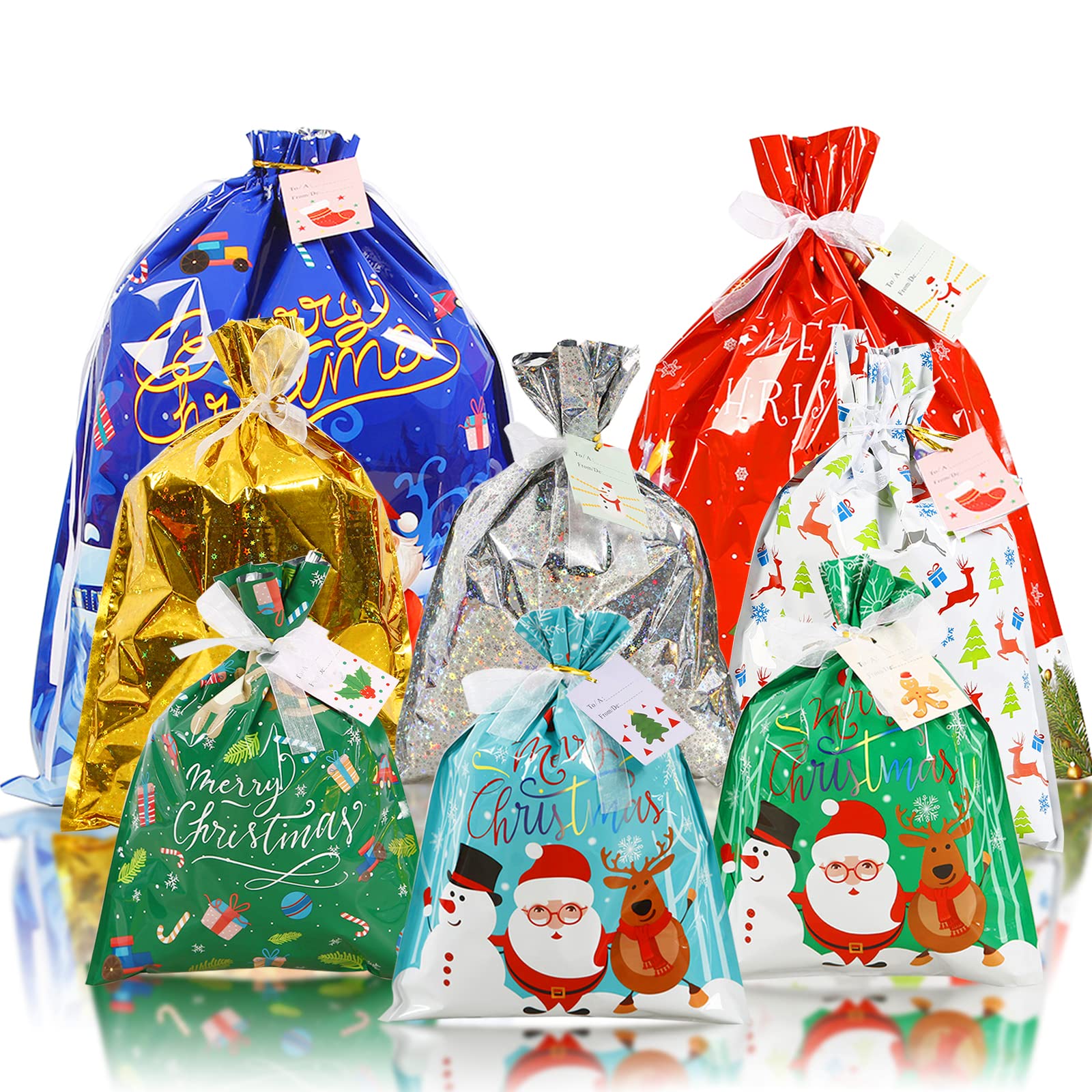 Christmas Drawstring Gift Bags - 15Pcs With 8 Styles, 4 Sizes, 16 Tags - Large Xmas Bags for Presents, Holiday Party