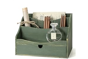 Pine Wood Mail Organizer for Desk - Charming Farmhouse Mail Holder Organization with Drawer & Dividers - 4-Slot for File & Je