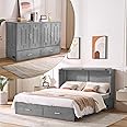 Homnso Queen Murphy Bed, Pine Wood Murphy Cabinet Bed with Tri-Folding Mattress,Storage Drawer & USB Charging Station for Living Room Apartment (Grey 1#)