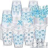 Tioncy 100 Set Blue Bow Party Plastic Cups with Lids and Straws 12 oz Coquette Disposable Bow Clear Plastic Cups for Birthday Wedding Baby Shower Bachelorette Party Supplies