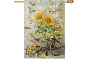 Sunflower House Flag, Rustic Natural Bird Wheelbarrow Spring Yellow Burlap Double Sided Decorative Outside Porch Flags for Ou