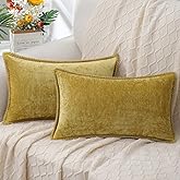 decorUhome Spring Chenille Soft Cozy Throw Pillow Covers 12x20 Set of 2, Modern Farmhouse Boho Velvet Decorative Pillow Cases with Stitched Edge for Couch Sofa Bed Home Decor, Mineral Yellow