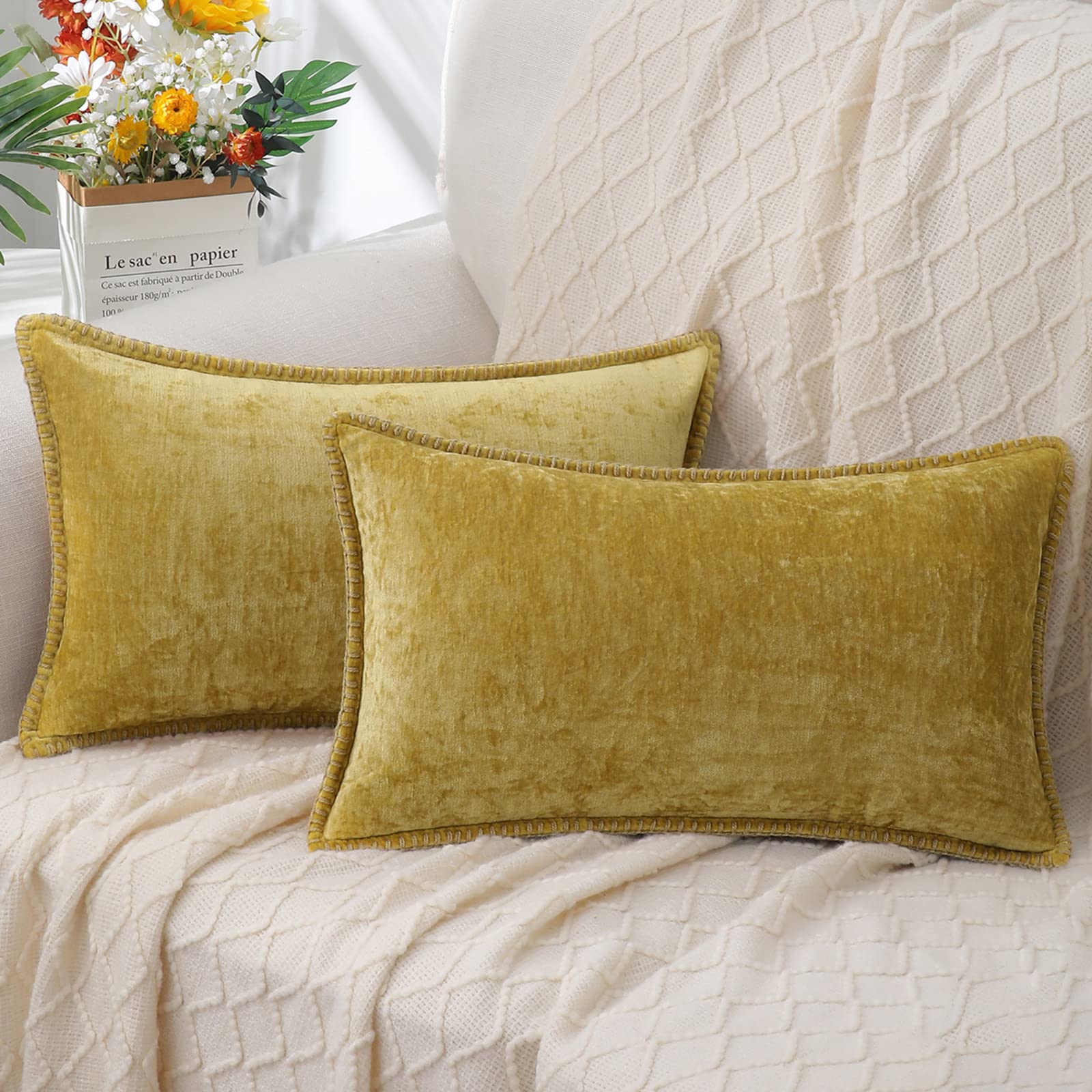Photo 1 of decorUhome Chenille Soft Throw Pillow Covers 12x20 Set of 2, Lumbar Velvet Farmhouse Neutral Decorative Euro Pillow Covers with Stitched Edge for Couch Sofa Bed Home Decor, Mineral Yellow