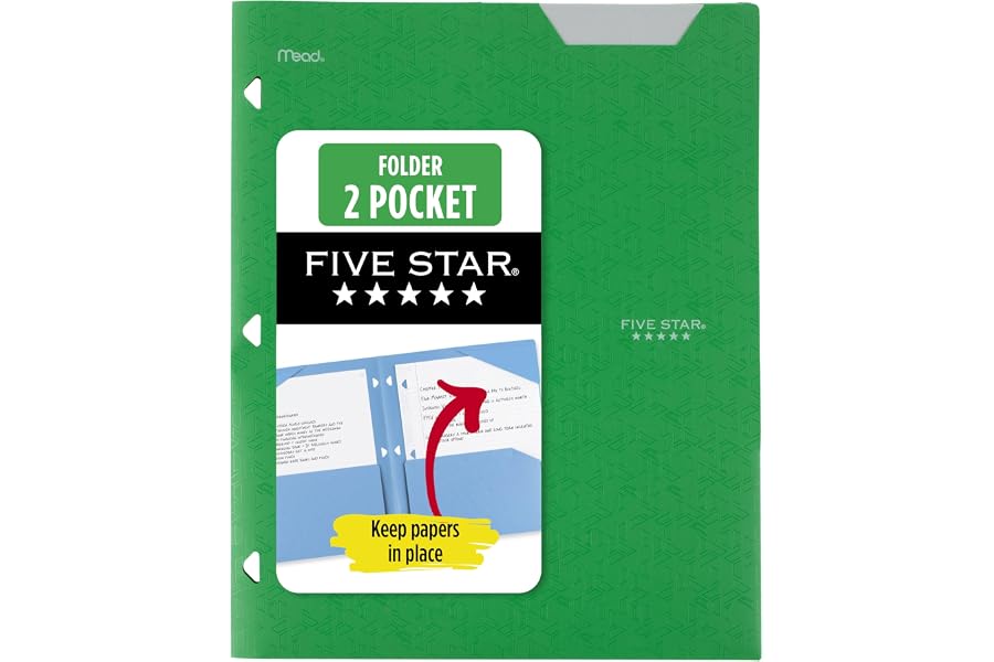 Five Star 2-Pocket Folder, Plastic Folder with Stay-Put Tabs, Fits 3-Ring Binder, Holds 8-1/2" x 11" Paper, Forest Green (333420E-ECM)