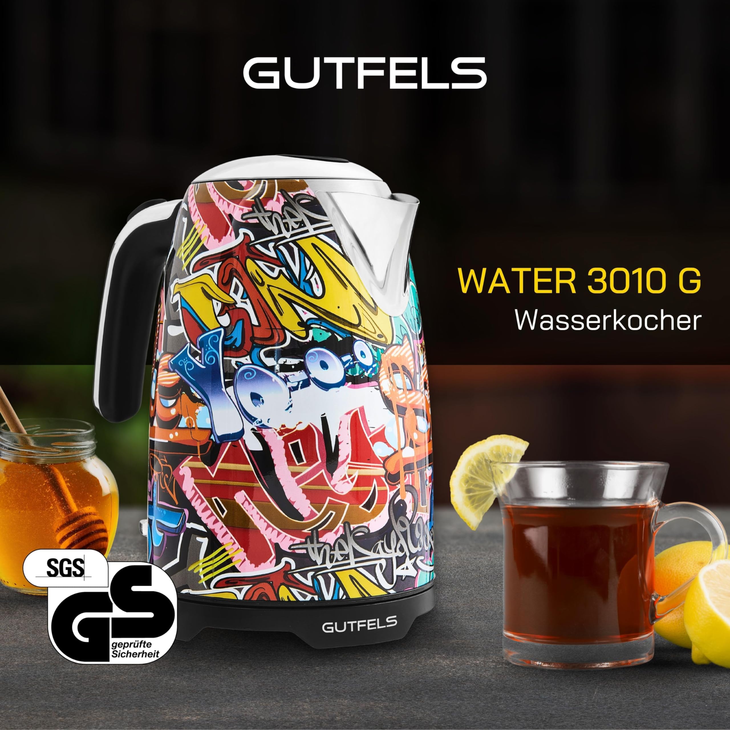 GUTFELS Wasserkocher Bunt WATER 3010 G – Graffiti-Style Design, 1,7 Liter, 2200 Watt, Kalkfilter, Uberhitzungsschutz, Trockengehschutz, 360-Grad-Sockel 2