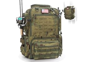 FunVZU Fishing Backpack, Fishing Tackle Backpack with Rod Holders for 4 Boxes (Box Not Included) 45L Waterproof Fishing Gear, Ideal for Men and Women Tackle Box Bag (Forest Green Camo)