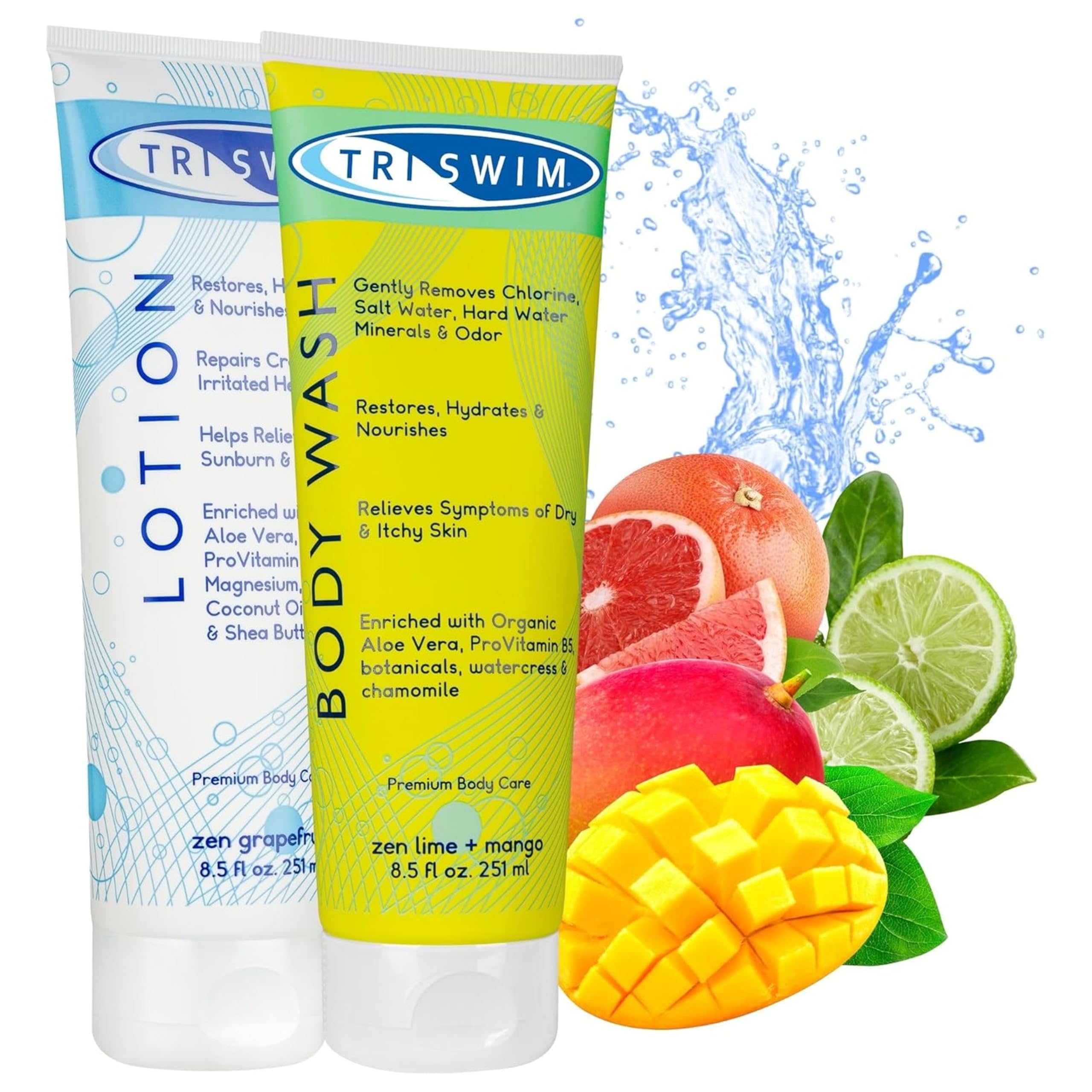 TRISWIM Chlorine Removal Body Care Bundle for Swimmers | After Swim Body Wash and Body Lotion | Shower Gel For Swimmers & Body Moisturiser For Dry Skin | Anti-Chlorine Skin Treatment | Vegan- 2x 251ml