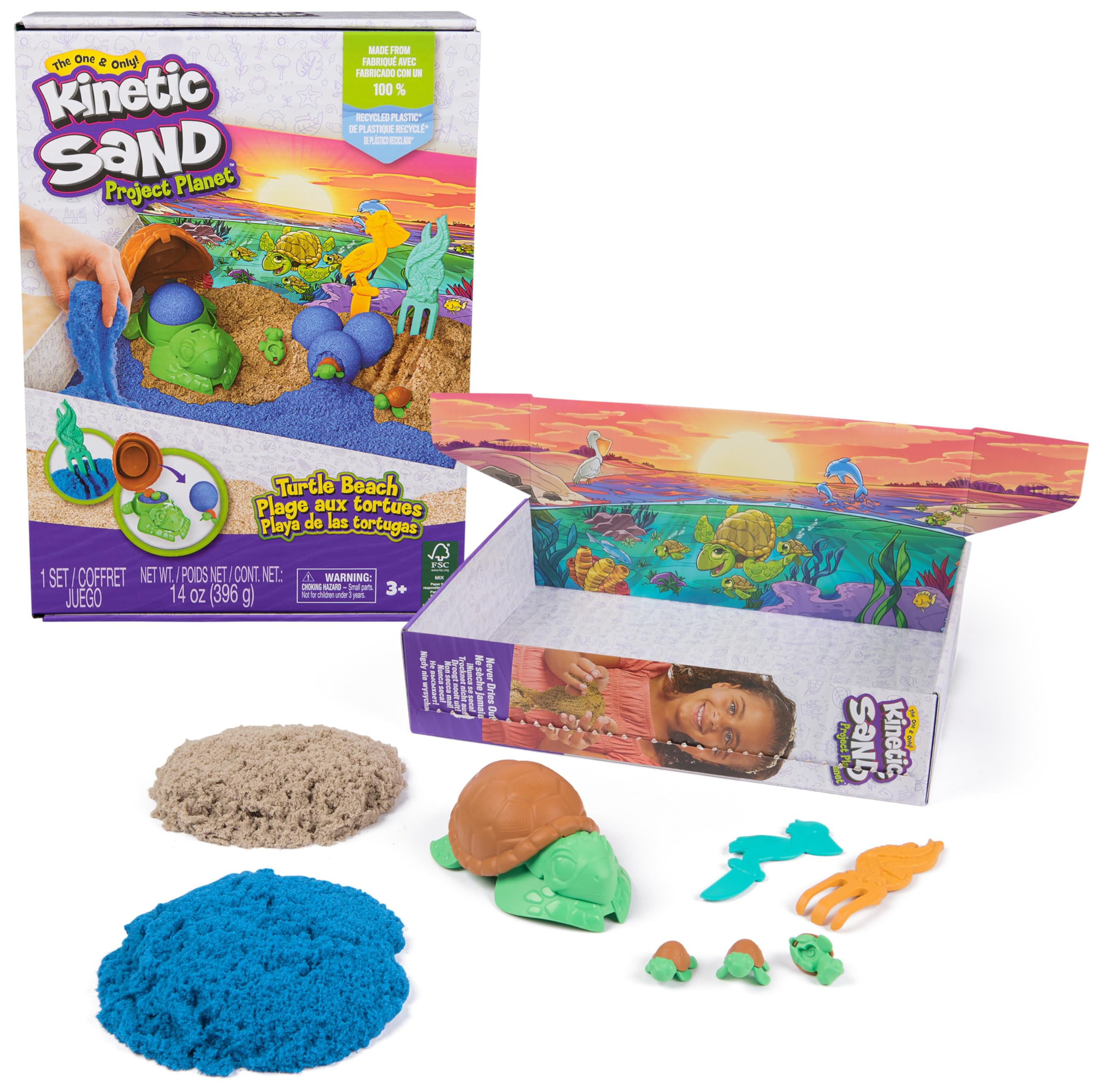Kinetic Sand, Project Planet Turtle Beach with 396g Play Sand, Tools & Moulds, Sustainably Minded Materials, Sensory Toys for Kids Aged 3+
