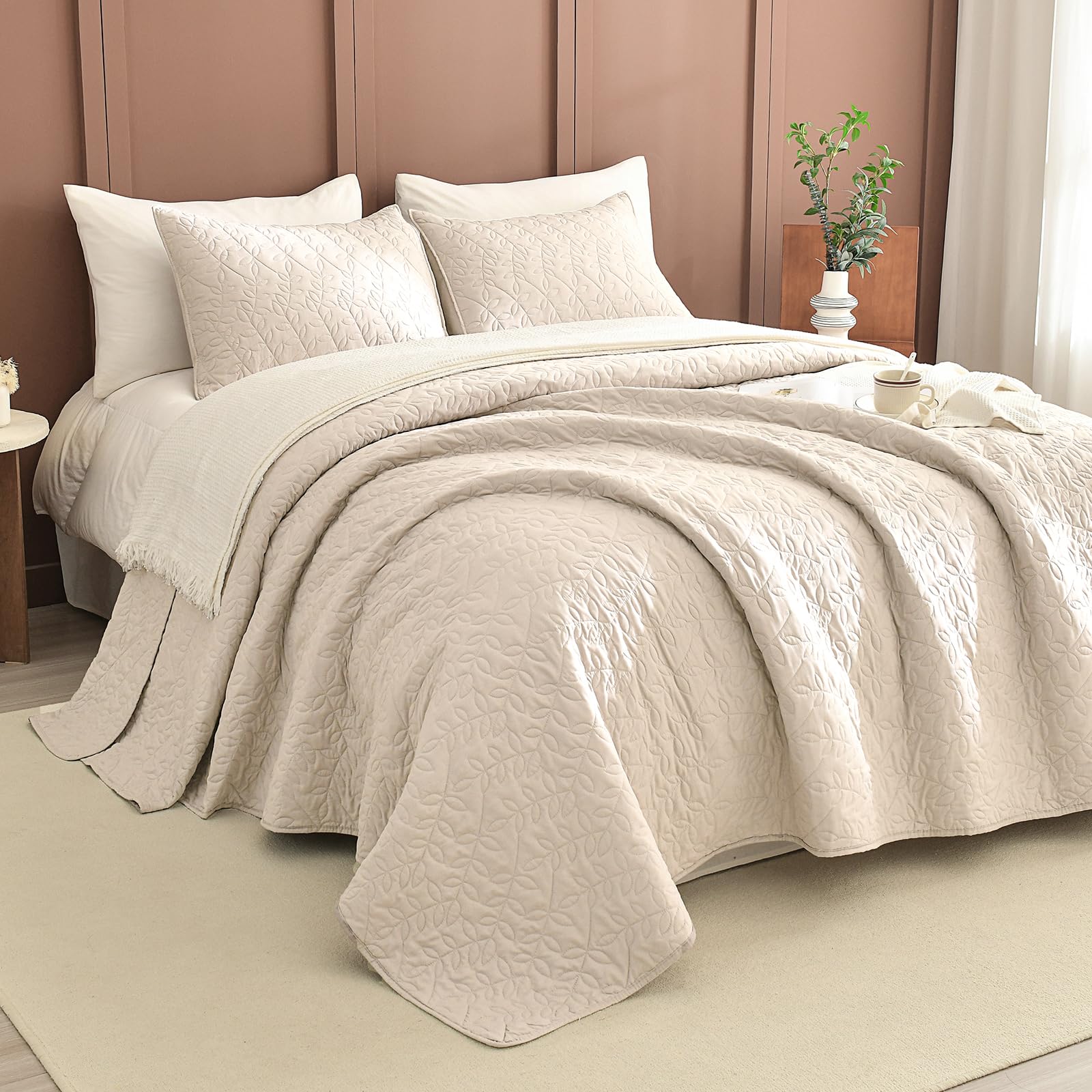 Photo 1 of Sanracie Oversized Queen Quilt Bedspread Set 102"*118", 100% Cotton Coverlet Queen Size Wheat Colored Super Soft and Cozy Extra Large Cloud Leaves Quilting Bed Quilts for All Season